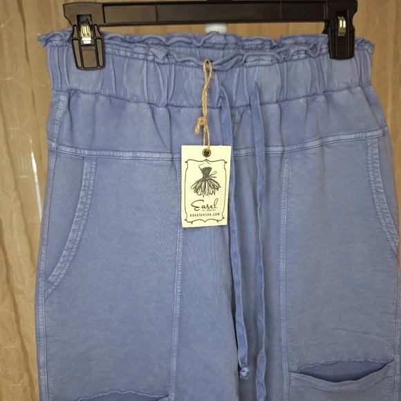 Easel Los Angeles Blue 100% Cotton Terry Knit Wide Leg Cargo Pants Boutique - Picture 6 of 9
